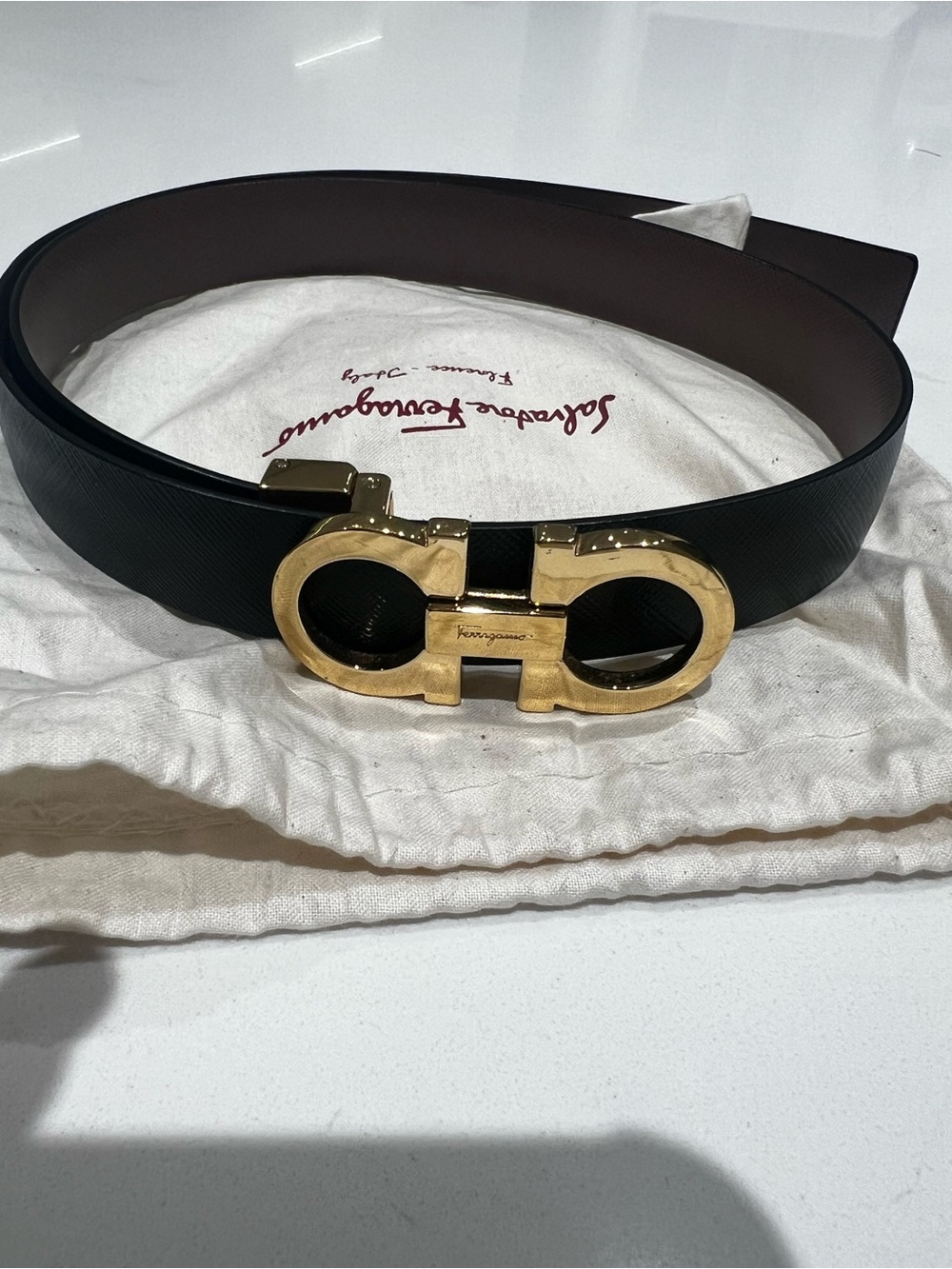 Salvatore Ferragamo Black Saffiano Leather double Gancini Belt with Gold Buckle